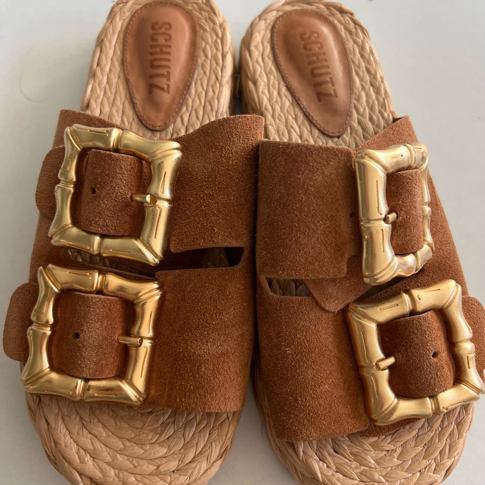 Schutz Enola Rope Flat Sandal with Gold Buckles